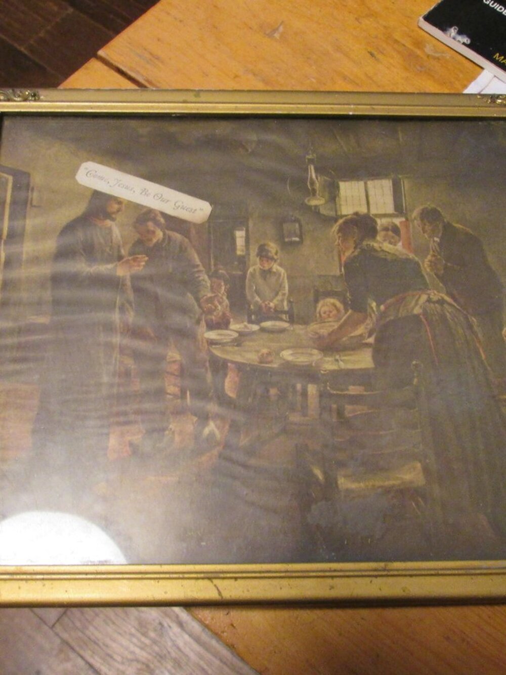 Vtg 1925 Reprint Jesus be our Guest framed print Fritz van Uhde gold wood frame